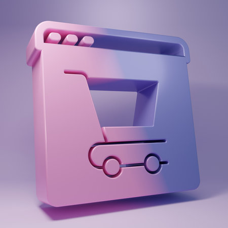 Purple Online shopping on screen icon isolated on purple background. Concept e-commerce, e-business, online business marketing. Minimalism concept. 3D render illustration.の写真素材
