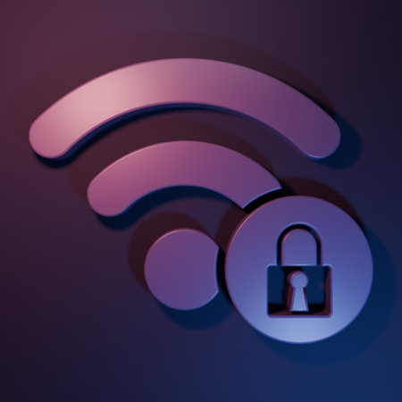 Purple Wifi locked sign icon isolated on purple-blue background. Password Wi-fi symbol. Wireless...
