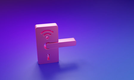Pink Digital door lock with wireless technology for unlock icon isolated on purple-blue background. Door handle sign. Security smart home. Minimalism concept. 3D render illustration.の写真素材