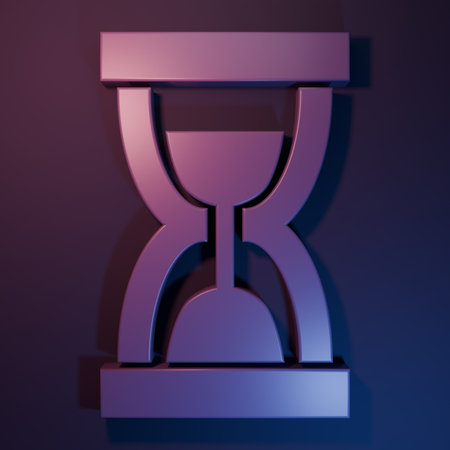 Purple Old hourglass with flowing sand icon isolated on purple-blue background. Sand clock sign....