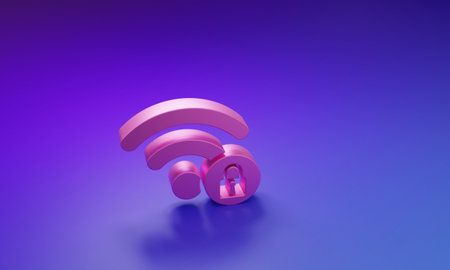 Pink Wifi locked sign icon isolated on purple-blue background. Password Wi-fi symbol. Wireless Network icon. Wifi zone. Minimalism concept. 3D render illustration.の写真素材