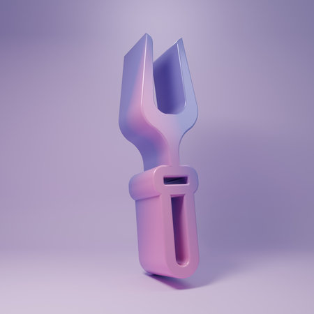 Purple Barbecue fork icon isolated on purple background. BBQ fork sign. Barbecue and grill tool. Minimalism concept. 3D render illustration.の写真素材