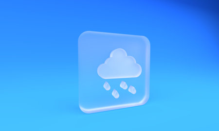 Frosted glass Cloud with rain icon isolated on blue background. Rain cloud precipitation with rain drops. Square frosted glass button. 3D render illustration.の写真素材