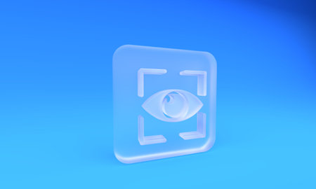 Frosted glass Eye scan icon isolated on blue background. Scanning eye. Security check symbol. Cyber eye sign. Square frosted glass button. 3D render illustration.の写真素材