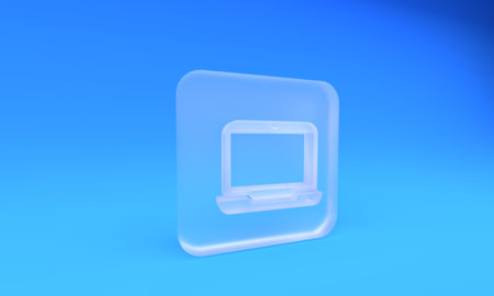 Frosted glass Laptop icon isolated on blue background. Computer notebook with empty screen sign. Square frosted glass button. 3D render illustration.の写真素材