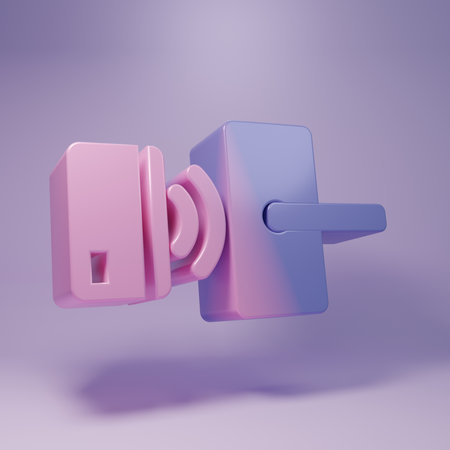 Purple Digital door lock with wireless technology for unlock icon isolated on purple background. Door handle sign. Security smart home. Minimalism concept. 3D render illustration.の写真素材
