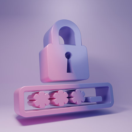Purple Password protection and safety access icon isolated on purple background. Lock icon. Security, safety, protection, privacy concept. Minimalism concept. 3D render illustration.の写真素材