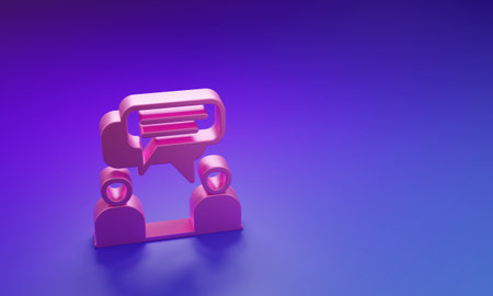 Pink Two sitting men talking icon isolated on purple-blue background. Speech bubble chat. Message icon. Communication or comment chat symbol. Minimalism concept. 3D render illustration.の写真素材