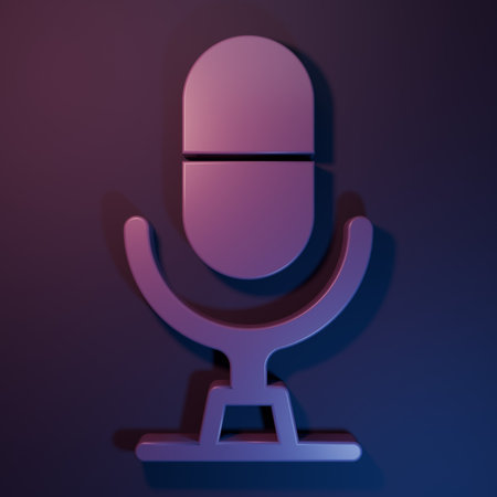 Purple Microphone voice device icon isolated on purple-blue background. Microphone interpreter and alphabet letters. Minimalism concept. 3D render illustration.の写真素材