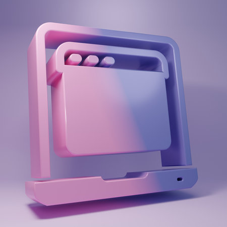 Laptop with browser window icon isolated on purple background. Computer notebook with empty screen. Minimalism concept. 3D render illustration.の写真素材