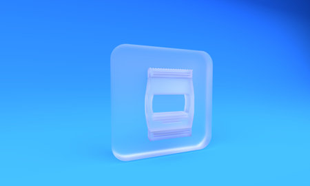 Frosted glass Bag of food icon isolated on blue background. Food for animals. Pet food package. Square frosted glass button. 3D render illustration.の写真素材
