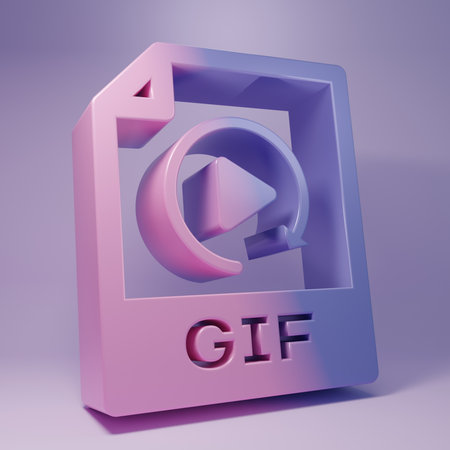 Purple GIF file document. Download gif button icon isolated on purple background. GIF file symbol. Minimalism concept. 3D render illustration.の写真素材