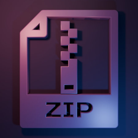 Purple ZIP file document. Download zip button icon isolated on purple-blue background. ZIP file symbol. Minimalism concept. 3D render illustration.の写真素材