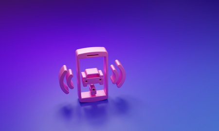 Pink Smart car alarm system icon isolated on purple-blue background. The smartphone controls the car security on the wireless. Minimalism concept. 3D render illustration.の写真素材
