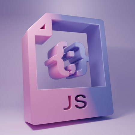 Purple JS file document. Download js button icon isolated on purple background. JS file symbol. Minimalism concept. 3D render illustration.の写真素材
