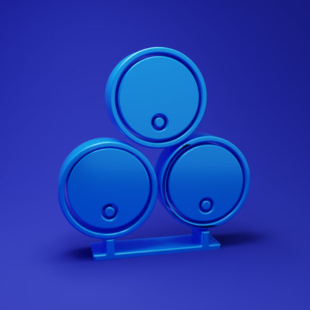 Blue barrels icon isolated on blue background. Alcohol barrel, drink container, wooden keg for beer, whiskey, wine. Minimalism concept. 3D render illustration.の写真素材