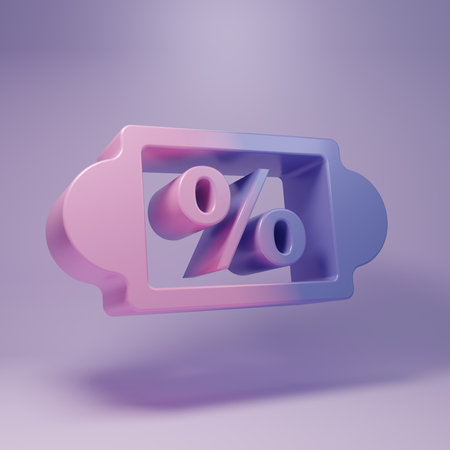 Purple Discount percent tag icon isolated on purple background. Shopping tag sign. Special offer sign. Discount coupons symbol. Minimalism concept. 3D render illustration.の写真素材