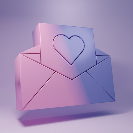 Purple Envelope with Valentine heart icon isolated on purple background. Message love. Letter love and romance. Minimalism concept. 3D render illustration.の写真素材