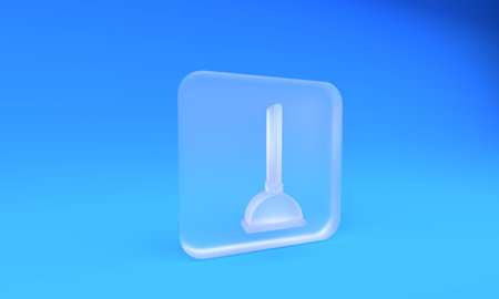 Frosted glass Rubber plunger with wooden handle for pipe cleaning icon isolated on blue background. Toilet plunger. Square frosted glass button. 3D render illustration.の写真素材