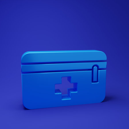 Blue First aid kit icon isolated on blue background. Medical box with cross. Medical equipment for emergency. Healthcare concept. Minimalism concept. 3D render illustration.の写真素材