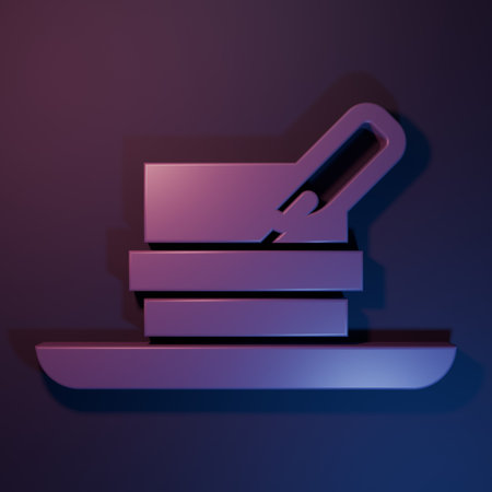 Purple hat with feather icon isolated on purple-blue background. Plaid winter hat. Minimalism concept. 3D render illustration.の写真素材