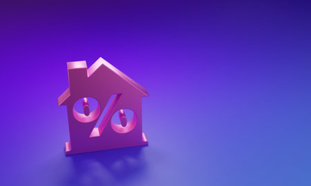 Pink House with percant discount tag icon isolated on purple-blue background. Real estate home. Credit percentage symbol. Minimalism concept. 3D render illustration.の写真素材