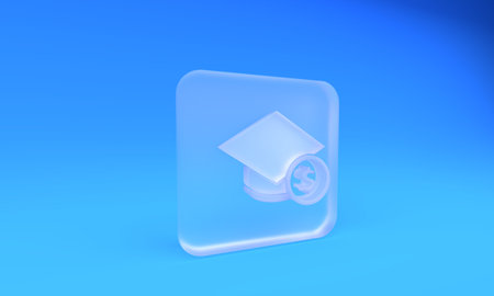 Frosted glass Graduation cap and coin icon isolated on blue background. Education and money. Concept of scholarship cost or loan, tuition or study fee. Square frosted glass button. 3D render illustration.の写真素材
