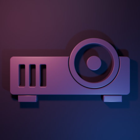 Purple Presentation, movie, film, media projector icon isolated on purple-blue background. Minimalism concept. 3D render illustration.の写真素材
