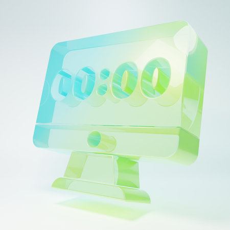 Frosted glass Clock on computer monitor screen icon isolated on white background. Schedule concepts. Minimalism concept. 3D render illustration.の写真素材