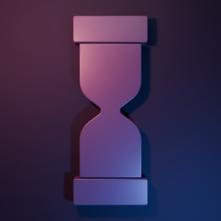 Purple Old hourglass with flowing sand icon isolated on purple-blue background. Sand clock sign. Business and time management concept. Minimalism concept. 3D render illustration.の写真素材