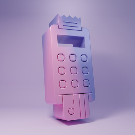 Purple POS terminal with inserted credit card and printed recipient icon isolated on purple background. NFC payment concept. Minimalism concept. 3D render illustration.の写真素材