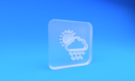 Frosted glass Cloud with rain and sun icon isolated on blue background. Rain cloud precipitation with rain drops. Square frosted glass button. 3D render illustration.の写真素材