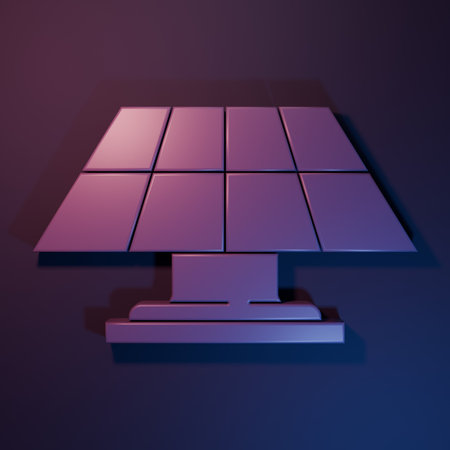 Purple Solar energy panel icon isolated on purple-blue background. Minimalism concept. 3D render illustration.の写真素材