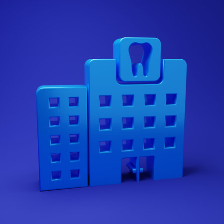 Blue Dental clinic icon isolated on blue background. Dentistry center symbol. Minimalism concept. 3D render illustration.の写真素材