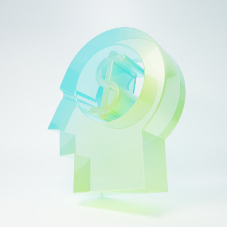 Frosted glass Business man planning mind icon isolated on white background. Head with dollar. Idea to earn money. Business investment growth. Minimalism concept. 3D render illustration.の写真素材