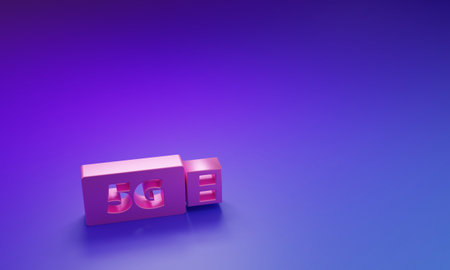 Pink 5G modem for fast mobile Internet icon isolated on purple-blue background. Global network high speed connection data rate technology. Minimalism concept. 3D render illustration.の写真素材