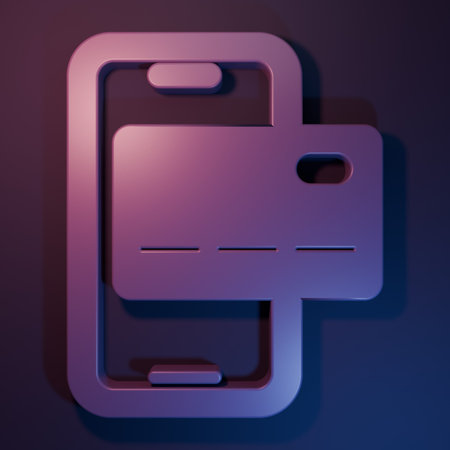 Purple Mobile banking icon isolated on purple-blue background. Transfer money through mobile banking on the mobile phone screen. Minimalism concept. 3D render illustration.の写真素材
