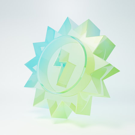 Frosted glass Solar energy panel icon isolated on white background. Sun with lightning symbol. Minimalism concept. 3D render illustration.の写真素材