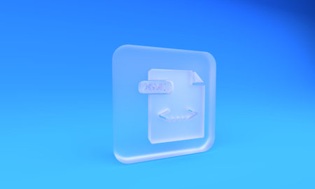 Frosted glass XML file document. Download xml button icon isolated on blue background. XML file symbol. Square frosted glass button. 3D render illustration.の写真素材
