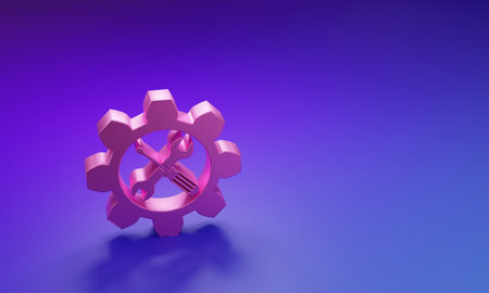 Pink Maintenance symbol - wrench and screwdriver in gear icon isolated on purple-blue background. Service tool symbol. Minimalism concept. 3D render illustration.の写真素材