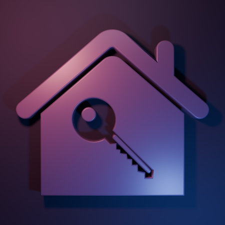 Purple House with key icon isolated on purple-blue background. The concept of the house turnkey. Minimalism concept. 3D render illustration.の写真素材