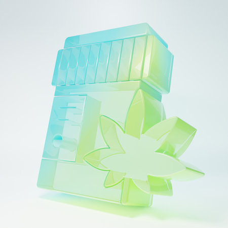 Frosted glass Medical bottle with marijuana or cannabis leaf icon isolated on white background. Mock up of cannabis oil extracts in jars. Minimalism concept. 3D render illustration.の写真素材