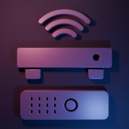 Purple Wireless multimedia and TV box receiver and player with remote controller icon isolated on purple-blue background. Minimalism concept. 3D render illustration.の写真素材