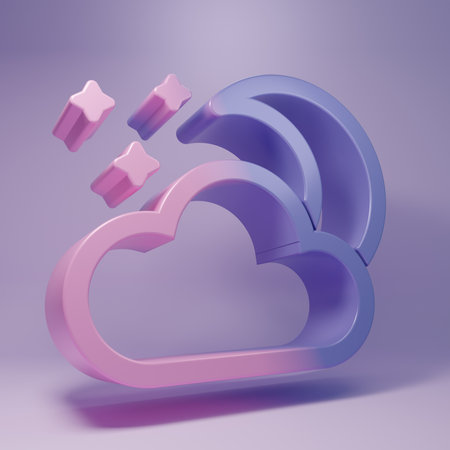 Purple Cloud with moon and stars icon isolated on purple background. Cloudy night sign. Sleep dreams symbol. Night or bed time sign. Minimalism concept. 3D render illustration.の写真素材