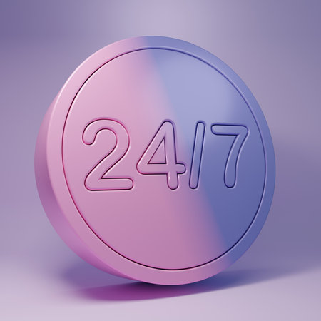 Purple Clock 24 hours icon isolated on purple background. All day cyclic icon. 24 hours symbol. Minimalism concept. 3D render illustration.の写真素材