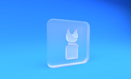 Frosted glass Woman dress icon isolated on blue background. Clothes sign. Square frosted glass button. 3D render illustration.の写真素材