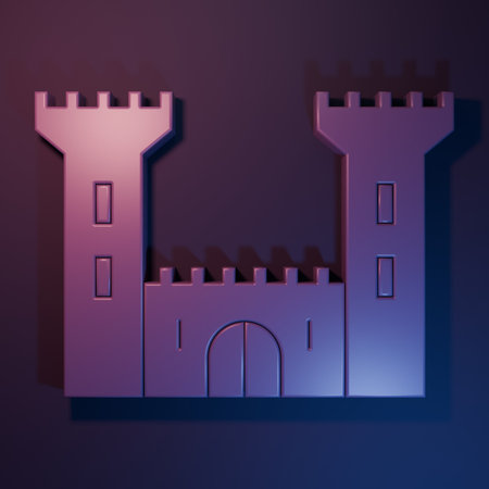 Purple Castle icon isolated on purple-blue background. Fortress sign. Minimalism concept. 3D render illustration.の写真素材