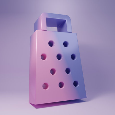 Purple Grater icon isolated on purple background. Kitchen symbol. Cooking utensil. Cutlery sign. Minimalism concept. 3D render illustration.の写真素材