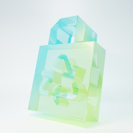 Frosted glass Paper shopping bag with recycle icon isolated on white background. Bag with recycling symbol. Minimalism concept. 3D render illustration.の写真素材