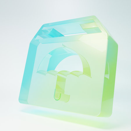 Frosted glass Delivery package with umbrella symbol icon isolated on white background. Parcel cardboard box with umbrella sign. Logistics and delivery. Minimalism concept. 3D render illustration.の写真素材